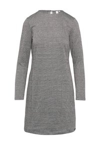 Langärmliges Kleid mit einem schwarz-weißen Karomuster, das über einen runden Ausschnitt und eine Rückenverschlussdetail verfügt. Glatte Textur, knielang.