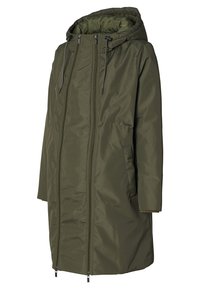 Oliven grøn hættefrakke lavet af skinnende, vandtæt materiale. Har dobbelte frontlynlåse, rummelige lommer og lange ærmer.