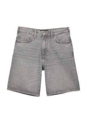 Jasnoszare szorty dżinsowe o prostym kroju, z zapięciem na guzik, szlufkami na pasek oraz czterema kieszeniami. Zawierają fakturowane detale w odcieniu spranego denimu.