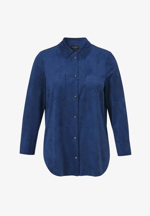 Navyblaues Hemd mit langen Ärmeln und Knöpfen, zwei Brusttaschen und spitzem Kragen, gefertigt aus weich strukturiertem Stoff.