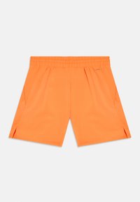 Oranžid spordipüksid elastse vöökohaga, kahe küljetasku ja liikumisvabadust võimaldavate küljetõmblustega. Sile ja kerge kangas.