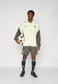 Svijetlozeleni Adidas trenirka s tamno sivim rukavima, odgovarajuće kratke hlače, crne čarape s bijelim prugama i crne nogometne cipele; drži nogometnu loptu.