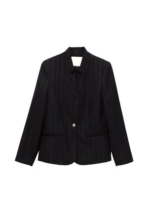 Blazer nero a righe con colletto a revers, chiusura con un solo bottone e due tasche frontali. Realizzato in tessuto testurizzato con un leggero lucido.