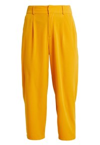 Žluté skládací kalhoty s vysokým pasem, s volným střihem a měkkou, hladkou texturou. Žádné viditelné kapsy ani hardwarové detaily.