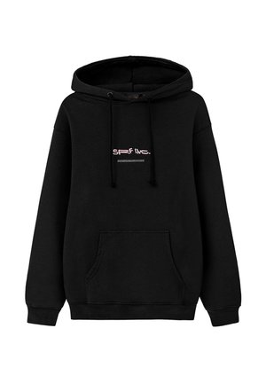 Black hoodie with a front kangaroo pocket, adjustable drawstring hood, and white and pink logo text on the chest. Soft cotton material.