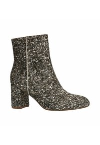 Glittery zwarte enkelboot gemaakt van sequinmateriaal, met een blokhak en ronde neus, een slanke silhouet en minimale stiksels.