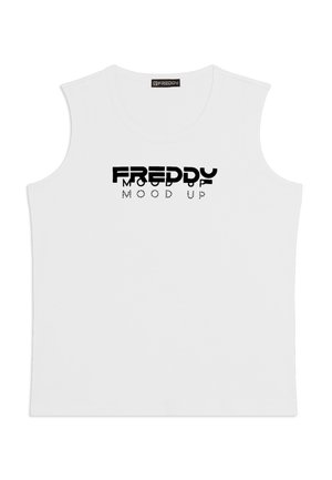 Top bianco senza maniche con scollo rotondo e testo nero "FREDDY MOOD UP" stampato al centro davanti.