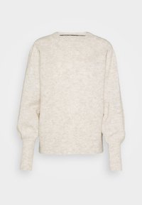 Off-white ribbat stickad tröja med långa puffärmar och vida manschetter, rundad halsringning och ett mjukt texturerat tyg.