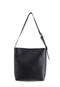 Sac à épaule en cuir noir avec une texture lisse, un design minimaliste, une seule sangle réglable et sans matériel ou motifs visibles.