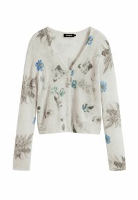 Cardigan blanc en tricot avec un motif floral gris et bleu, décolleté en V, fermeture à boutons, et poignets et ourlet côtelés.