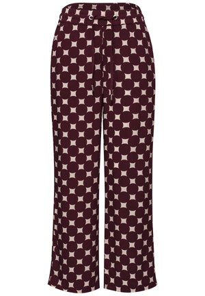Pantalon large à motif gros pois bordeaux et beige, taille élastique et lien à nouer à l’avant.