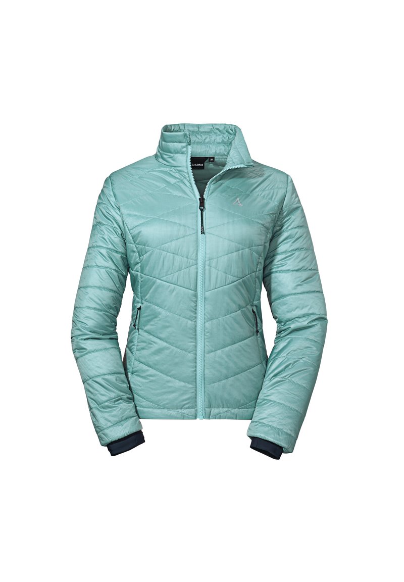 Giacca isolante di color verde acqua con motivo trapuntato, alto colletto, chiusura con zip e tasche laterali. Presenta polsini neri in contrasto.