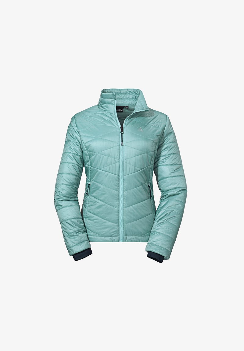 Light teal insulated jacket with quilted pattern, high collar, zip front, and side pockets. Features contrasting black cuffs.