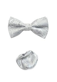 Silver paisley-patterned bow tie and matching scrunchie, made from smooth fabric, featuring intricate designs and detailed texture.
