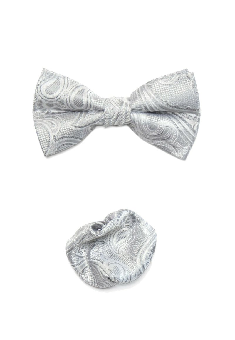 Silver paisley-patterned bow tie and matching scrunchie, made from smooth fabric, featuring intricate designs and detailed texture.
