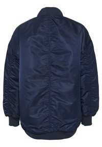 Navy blue bomber jacket, made of smooth, shiny fabric, featuring a ribbed collar and cuffs, with gathered texture along the sides and back.