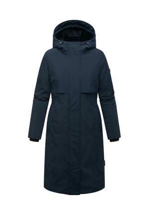 Tummansininen pitkähihainen parka hupulla, jossa on etuflap, sivutaskut ja elastiset hihansuut; valmistettu sileästä, säänkestävästä materiaalista.