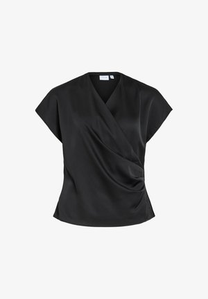 Schwarze Wickelbluse mit kurzen Ärmeln, V-Ausschnitt und drapiertem Detail auf der linken Seite, aus glattem, seidigem Stoff.