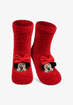 Red fleece booties with a textured surface; features a black and white Minnie Mouse design with a red bow at the front.