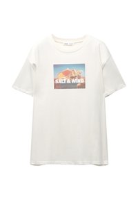 Hvid bomulds t-shirt med et rektangulært grafisk print af muslinger i blå og orange nuancer. Korte ærmer, afslappet pasform.