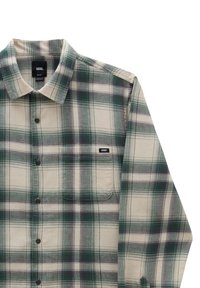 Kostkovaná košile na knoflíky v zelených a béžových tónech, s dlouhými rukávy, náprsní kapsou a nášivkou s logem Vans poblíž kapsy.