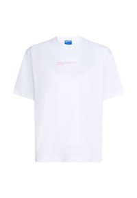 Valge puuvillane t-särk ümar kaeluse ja lühikeste varrukatega; esiküljel on hõrk roosa "KARL LAGERFELD JEANS" logo.