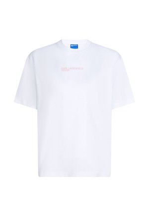 Bijela pamučna majica s okruglim izrezom i kratkim rukavima; na prednjoj strani ima suptilan ružičasti logo "KARL LAGERFELD JEANS".