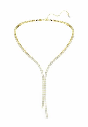 Goldene Halskette mit zwei Reihen dicht gesetzter klarer Edelsteine, die eine Y-Form bilden, mit verstellbarem Kettenverschluss und einem einzelnen Edelstein-Anhänger.