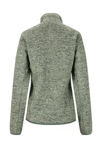 Häströmmad grön fleecejacka med full dragkedja, långa ärmar och hög krage, visad bakifrån på en vit bakgrund.