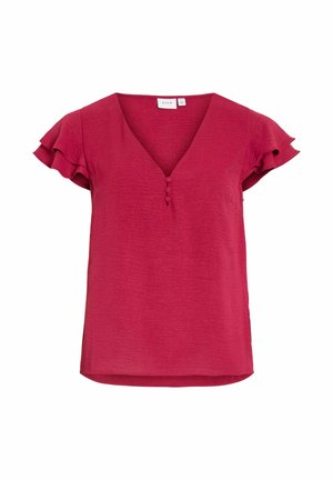 Sarkana īsroku blūze ar V-veida izgriezumu, trīs audumu pārklātiem pogām priekšpusē un kroko slāņainām piedurknēm.