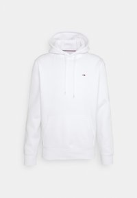 Sudadera blanca de tejido suave con un bolsillo canguro, capucha con cordón y un pequeño logo en el pecho. Presenta puños y dobladillo acanalados.