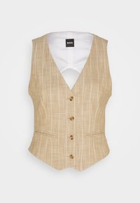 Gilet en lin beige à fines rayures blanches verticales, quatre boutons marron et deux poches passepoilées avant, étiquette « BOSS » à l'intérieur du col.