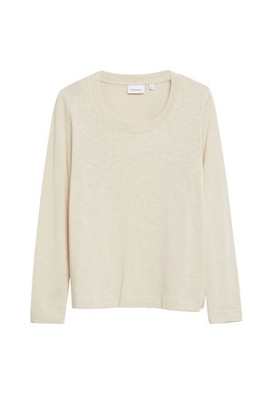 Langärmliges, cremefarbenes Rundhalsshirt mit feiner Struktur im Stoff und kleinem seitlichem Schlitz am Saum.