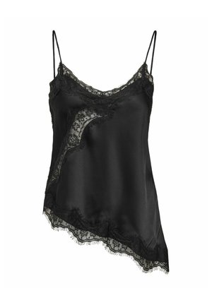 Caraco en satin noir avec bordure en dentelle. Ourlet asymétrique, fines bretelles réglables et accents en dentelle florale rehaussent le design. Texture lisse.