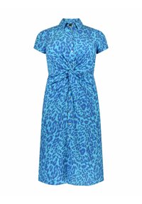 Blå leopardmönstrad klänning med korta ärmar och knuten detalj framtill. Har en knapp-up design och är tillverkad av ett slätt tyg.