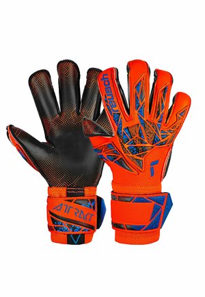Goalkeeper gloves with a black latex palm, orange fabric body, blue accents, textured patterns, and adjustable wrist straps.