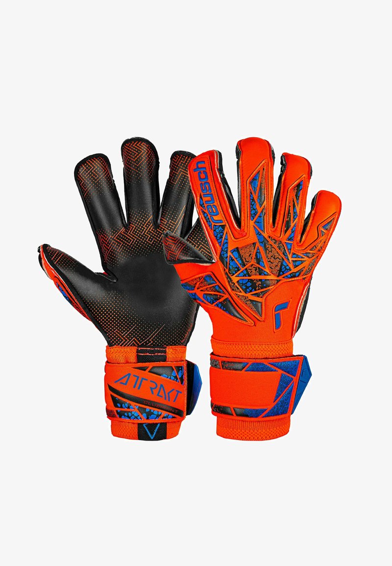 Torwarthandschuhe mit einer schwarzen Latex-Handfläche, einem orangefarbenen Stoffkörper, blauen Akzenten, strukturierten Mustern und verstellbaren Handgelenkriemen.