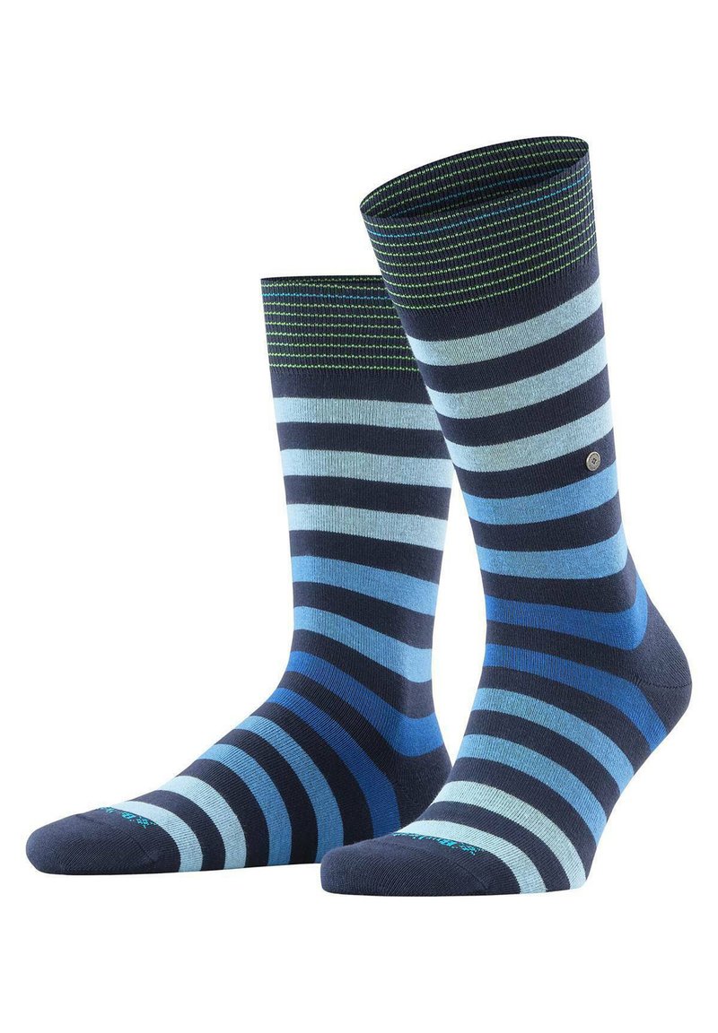 Striped socks featuring varying shades of blue, including navy, light blue, and teal, with a ribbed cuff and logo detail.