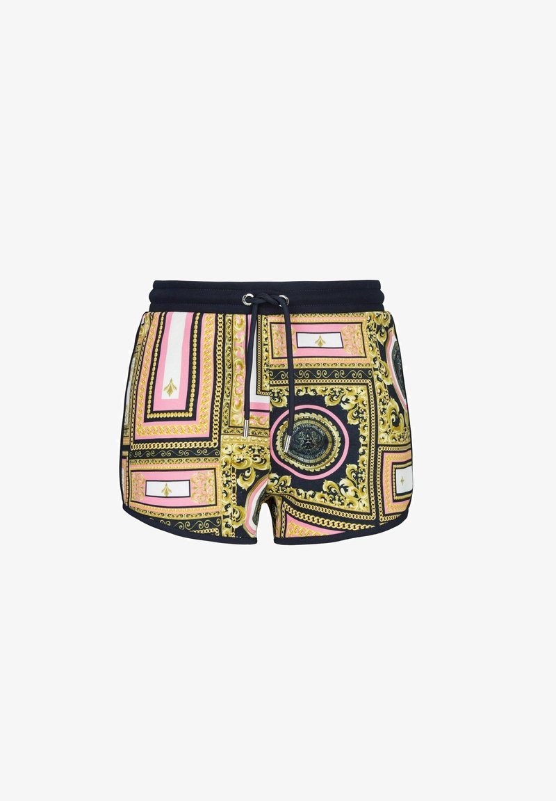 Korte zwembroek met een zwarte basis, voorzien van een kleurrijk, ingewikkeld patroon van gouden kettingen en roze accenten. Met een trekkoord in de taille voor een goede pasvorm.