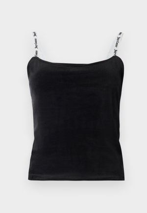 Black ribbed tank top with adjustable straps featuring white branded detailing. Smooth texture and fitted design.