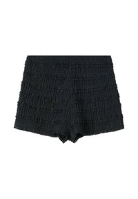 Černé šortky z texturované, zmačkané látky s horizontálními volány a vlnitým lemem. Elastický pas pro pohodlné nošení.