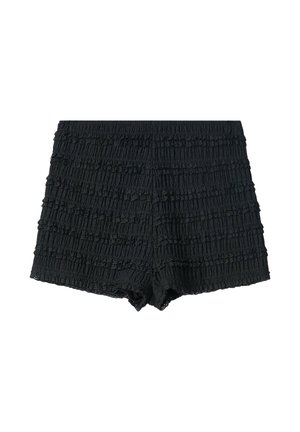 Zwarte shorts van textuurstof met gekreukte afwerking, voorzien van horizontale ruches en een gegolfde zoom. Elastische tailleband voor een goede pasvorm en comfort.
