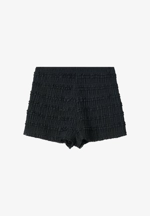 Zwarte shorts van textuurstof met gekreukte afwerking, voorzien van horizontale ruches en een gegolfde zoom. Elastische tailleband voor een goede pasvorm en comfort.
