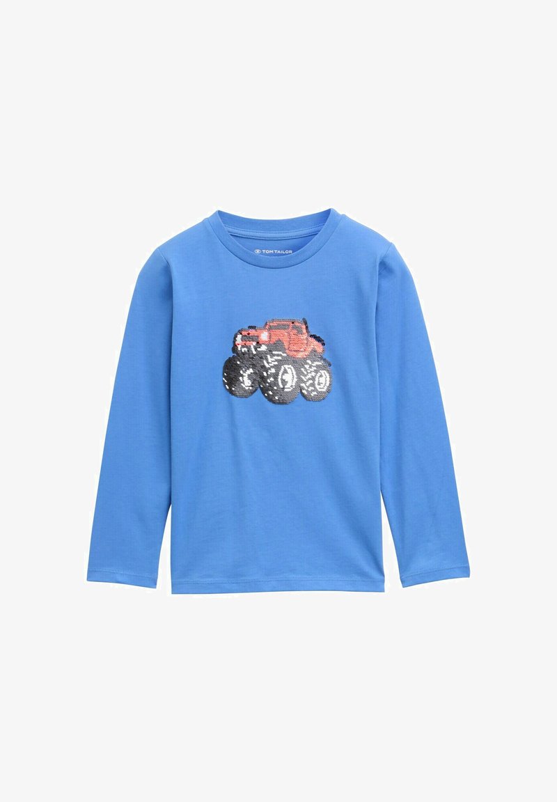 Blaues Langarmshirt aus weichem Stoff mit einem roten Monstertruck-Design auf der Vorderseite, das mit Pailletten verziert ist. Rundhalsausschnitt und normale Passform.