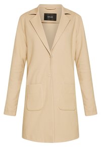 Beżowy płaszcz wykonany z teksturowanej tkaniny, z kołnierzem wykładanym, guzikami i dwoma przednimi kieszeniami. Klasyczny fason z długimi rękawami.