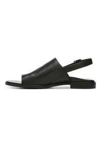 Black leather slingback sandals with an open toe, textured upper, and flat sole. Features a thin adjustable strap at the heel.
