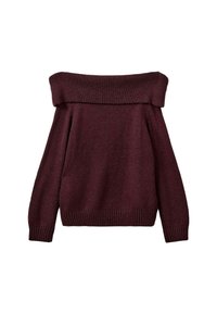 Burgundy off-the-shoulder sweater made of knit fabric. Features ribbed cuffs and hem with a relaxed fit and long sleeves.