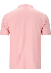Ljusrosa polo-shirt i bomullsblandning, med klassisk krage, korta ärmar och en slät yta; inga synliga logotyper eller mönster.