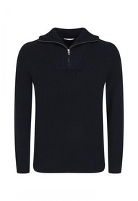 Pull en maille marine avec col montant et fermeture éclair quart de longueur. Caractéristiques : texture côtelée, manches longues et ourlet droit. Design classique pour superposition.