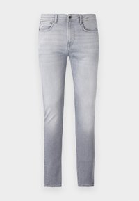 Light gray denim jeans with a straight fit, five pockets, button and zipper closure, and slight fading at the thighs.